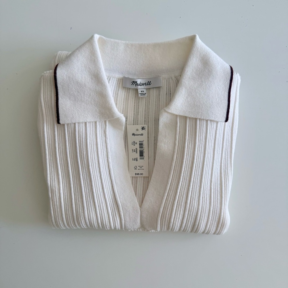 NWT Madewell White V Neck Ribbed Collared Sweater XS Quiet Luxury Minimalist - Picture 6 of 11